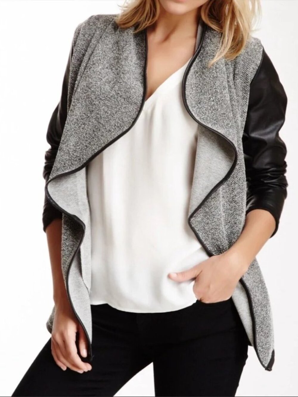 Jack Tweed Style Faux Leather Sleeve Trim Open Front Jacket